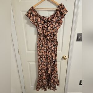 Indulge Floral Ruffle Off The Shoulders Maxi Dress in Black and Pink Size Large